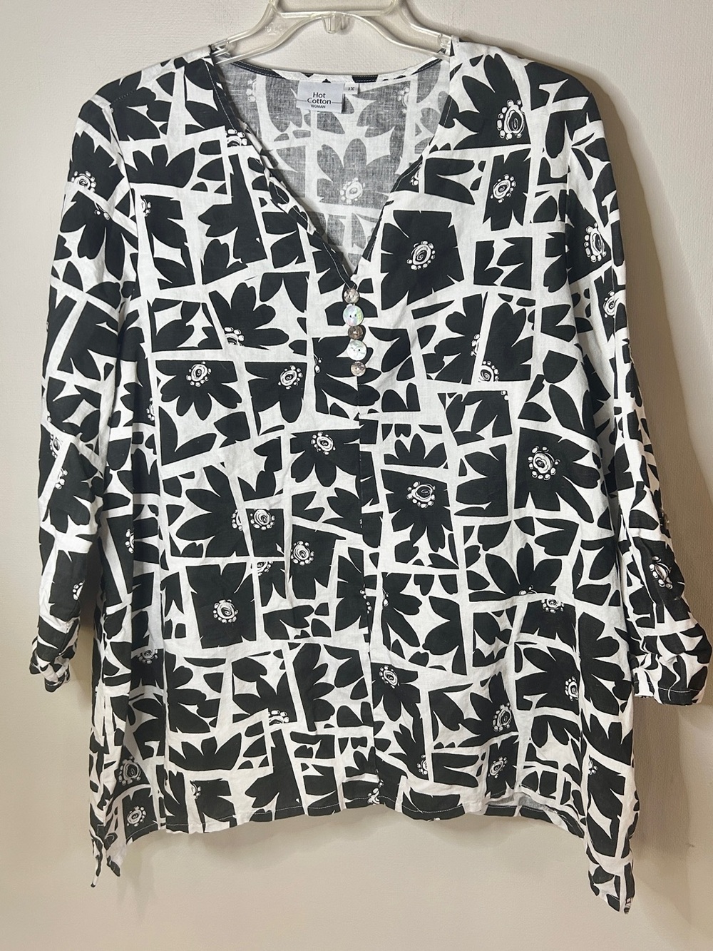 Vintage Hot Cotton Linen Geo Floral Tunic Lagenlook Art Wear USA Black White 1X - Picture 3 of 16